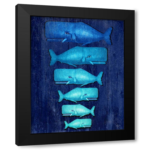 Whale Family Blue on Blue Black Modern Wood Framed Art Print with Double Matting by Fab Funky
