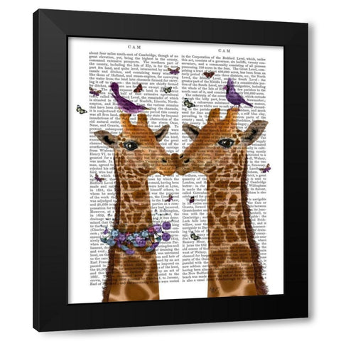 Kissing Giraffes with Birds Black Modern Wood Framed Art Print by Fab Funky