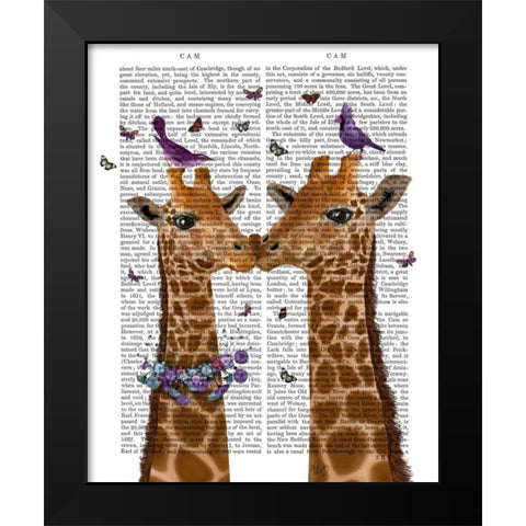 Kissing Giraffes with Birds Black Modern Wood Framed Art Print by Fab Funky