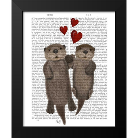 Otters Holding Hands Black Modern Wood Framed Art Print by Fab Funky