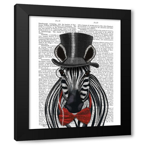 Zebra with Top Hat and Bow Tie 2, Forwards Black Modern Wood Framed Art Print with Double Matting by Fab Funky