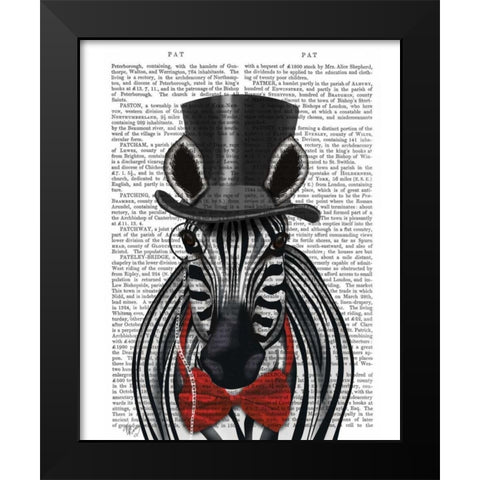 Zebra with Top Hat and Bow Tie 2, Forwards Black Modern Wood Framed Art Print by Fab Funky