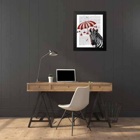 Zebra with Umbrella 1, Sideways Black Modern Wood Framed Art Print by Fab Funky