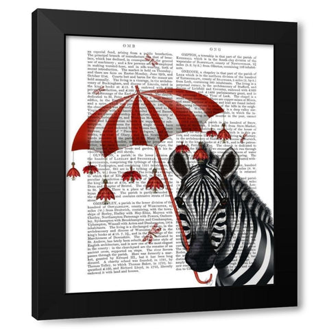 Zebra with Umbrella 1, Sideways Black Modern Wood Framed Art Print by Fab Funky