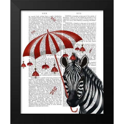 Zebra with Umbrella 1, Sideways Black Modern Wood Framed Art Print by Fab Funky