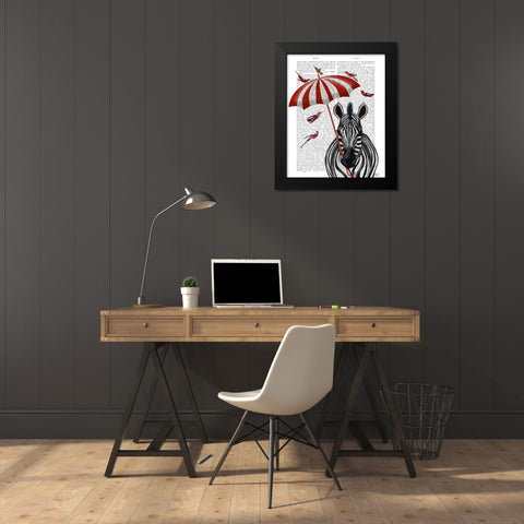 Zebra with Umbrella 2, Forward Black Modern Wood Framed Art Print by Fab Funky