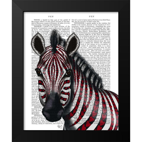 Zebra, Red Love Hearts Black Modern Wood Framed Art Print by Fab Funky