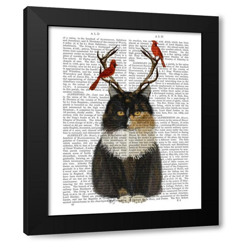 Tortoiseshell Cat, Antlers and Red Birds Black Modern Wood Framed Art Print with Double Matting by Fab Funky