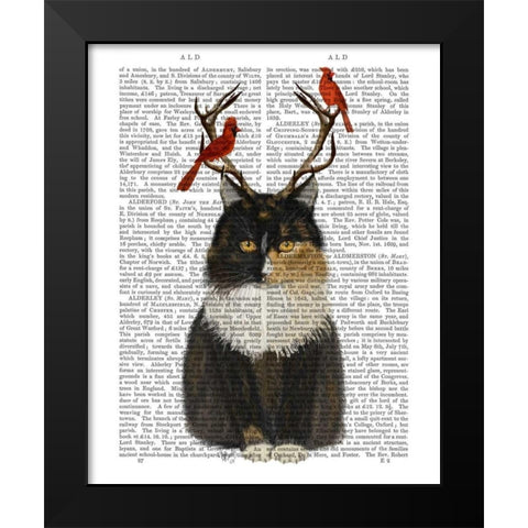 Tortoiseshell Cat, Antlers and Red Birds Black Modern Wood Framed Art Print by Fab Funky