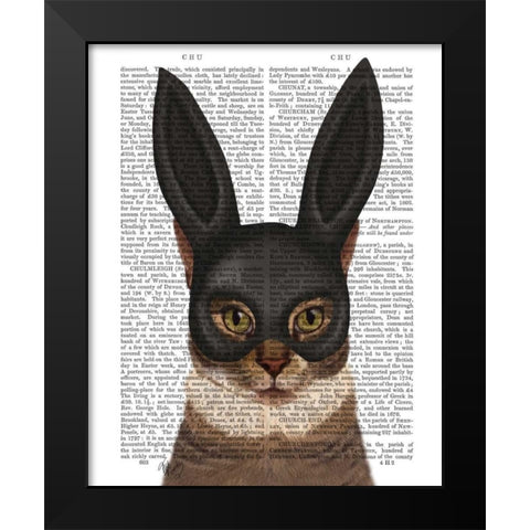 Cat with Bunny Mask Black Modern Wood Framed Art Print by Fab Funky