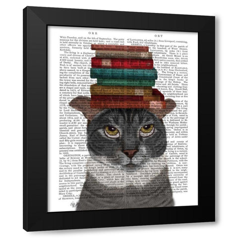 Grey Cat with Books on Head Black Modern Wood Framed Art Print by Fab Funky