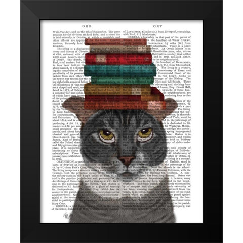 Grey Cat with Books on Head Black Modern Wood Framed Art Print by Fab Funky