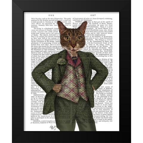 Cat in Tartan Waistcoat Black Modern Wood Framed Art Print by Fab Funky