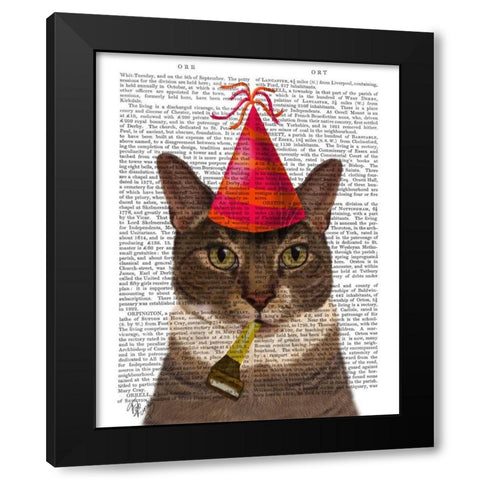 Tortoiseshell Cat, Party Hat Black Modern Wood Framed Art Print with Double Matting by Fab Funky