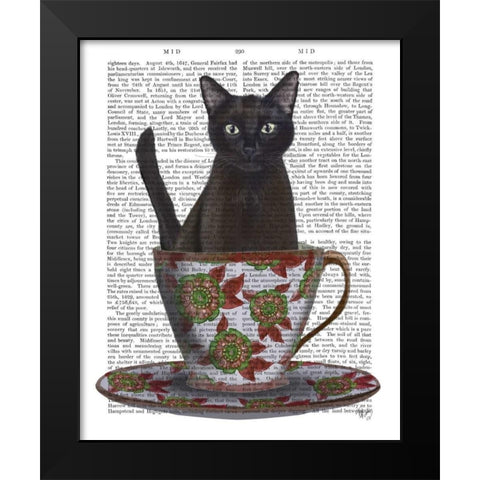 Black Cat in Teacup Black Modern Wood Framed Art Print by Fab Funky