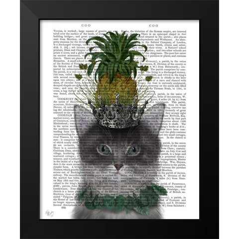 Cat, Pineapple Puss Black Modern Wood Framed Art Print by Fab Funky