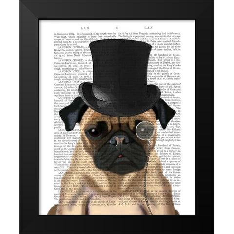 Pug, Formal Hound and Hat Black Modern Wood Framed Art Print by Fab Funky