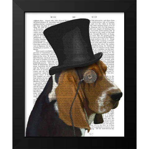 Basset Hound, Formal Hound and Hat Black Modern Wood Framed Art Print by Fab Funky