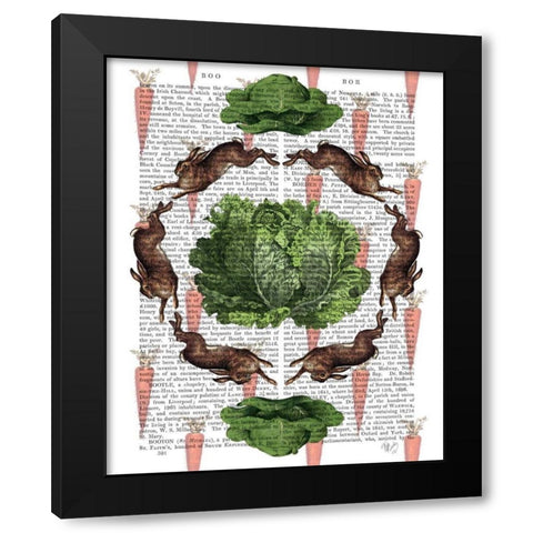 Leaping Hares and Cabbages Black Modern Wood Framed Art Print with Double Matting by Fab Funky