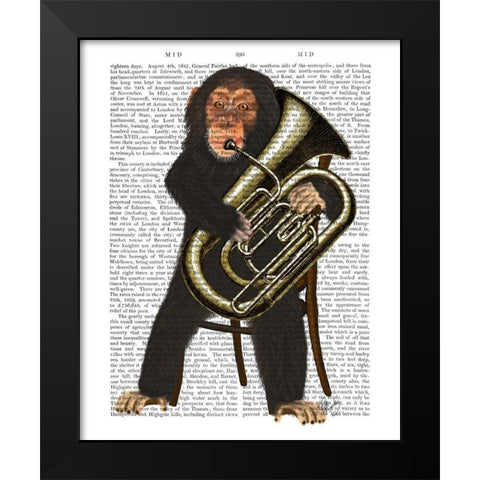 Chimp Playing Tuba Black Modern Wood Framed Art Print by Fab Funky
