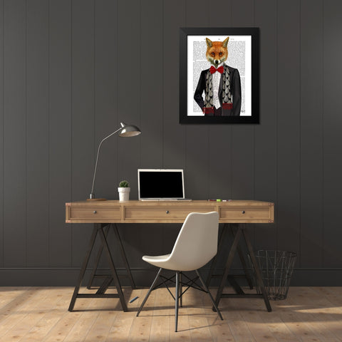 Fox with Red Bow Tie Black Modern Wood Framed Art Print by Fab Funky