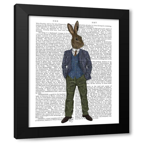 Rabbit in Blue Waistcoat Black Modern Wood Framed Art Print by Fab Funky