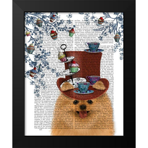 Pomeranian Milliners Dog Black Modern Wood Framed Art Print by Fab Funky