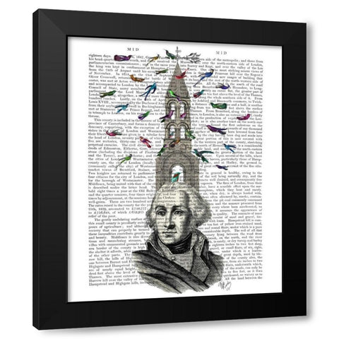 Man with Bird Tower Black Modern Wood Framed Art Print by Fab Funky