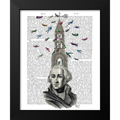 Man with Bird Tower Black Modern Wood Framed Art Print by Fab Funky