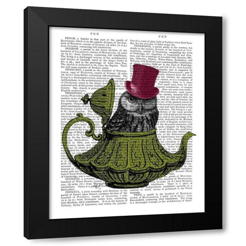 Owl In Teapot Black Modern Wood Framed Art Print with Double Matting by Fab Funky