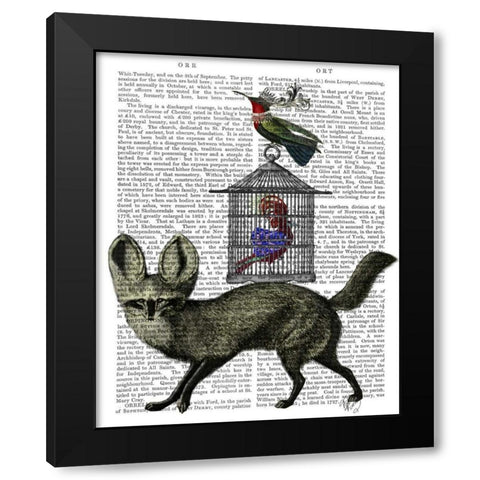 Fox With Birdcage Black Modern Wood Framed Art Print with Double Matting by Fab Funky