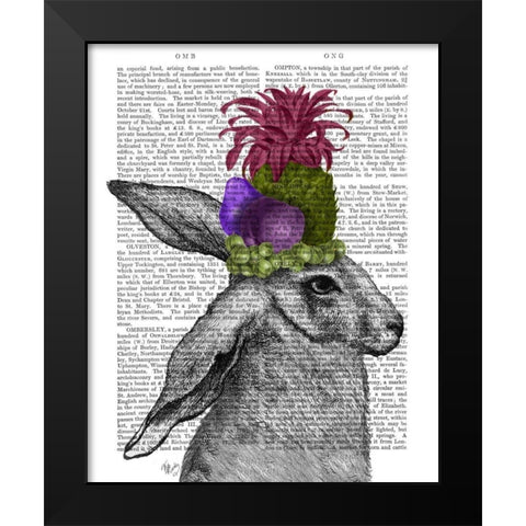 Rabbit, Fruit Headdress Black Modern Wood Framed Art Print by Fab Funky