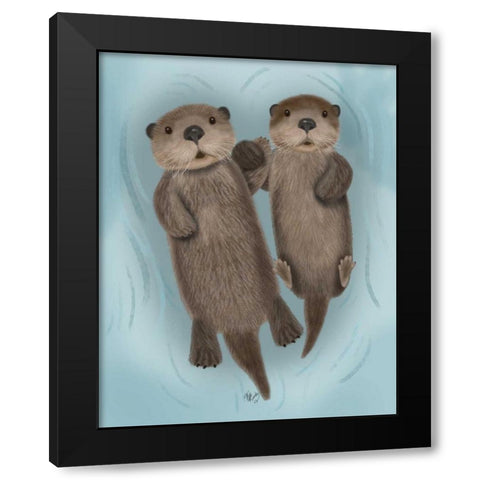 Otters Holding Hands Black Modern Wood Framed Art Print by Fab Funky