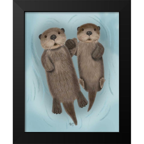 Otters Holding Hands Black Modern Wood Framed Art Print by Fab Funky