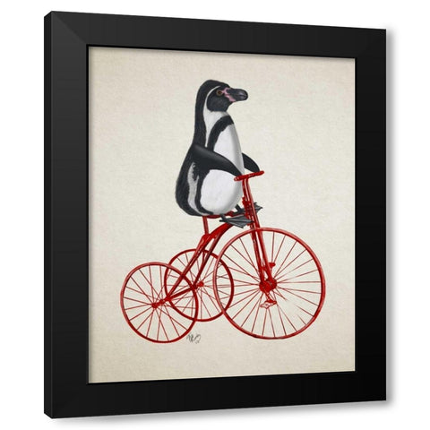 Penguin on Bicycle Black Modern Wood Framed Art Print with Double Matting by Fab Funky