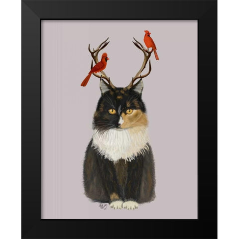 Tortoiseshell Cat, Antlers and Red Birds Black Modern Wood Framed Art Print by Fab Funky