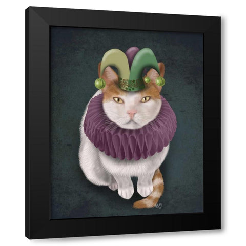 Cat, White with Jester Hat Black Modern Wood Framed Art Print by Fab Funky
