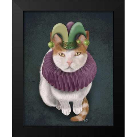 Cat, White with Jester Hat Black Modern Wood Framed Art Print by Fab Funky