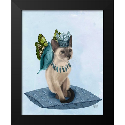 Cat with Blue Butterfly Wings Black Modern Wood Framed Art Print by Fab Funky