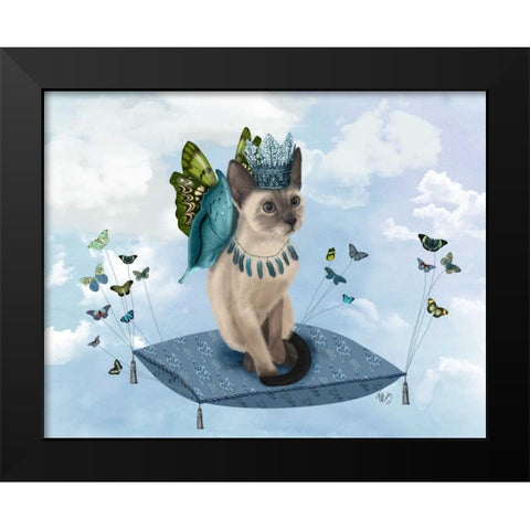 Cat on Pillow with Butterflies Black Modern Wood Framed Art Print by Fab Funky