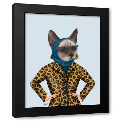 Cat with Leopard Jacket Black Modern Wood Framed Art Print by Fab Funky