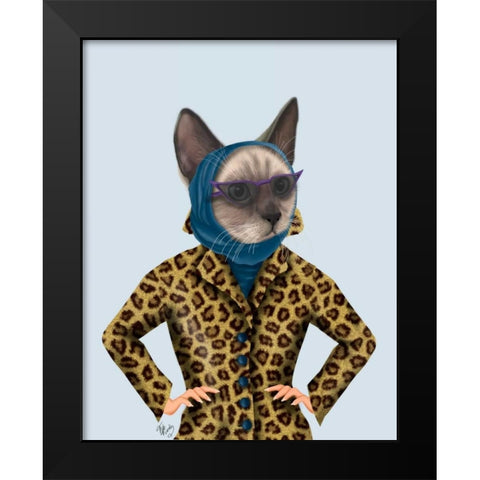 Cat with Leopard Jacket Black Modern Wood Framed Art Print by Fab Funky