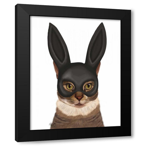 Cat with Bunny Mask Black Modern Wood Framed Art Print by Fab Funky