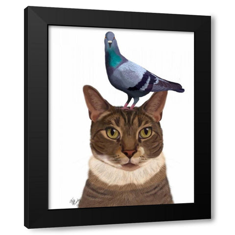 Cat with Pigeon on Head Black Modern Wood Framed Art Print by Fab Funky