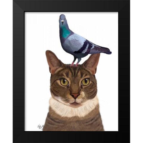 Cat with Pigeon on Head Black Modern Wood Framed Art Print by Fab Funky