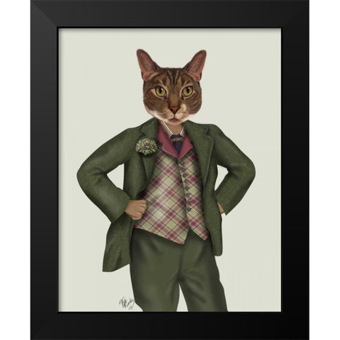 Cat in Tartan Waistcoat Black Modern Wood Framed Art Print by Fab Funky