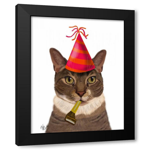 Tortoiseshell Cat, Party Hat Black Modern Wood Framed Art Print with Double Matting by Fab Funky