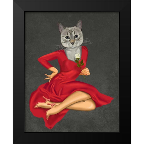 Grey Cat with White Rose Black Modern Wood Framed Art Print by Fab Funky