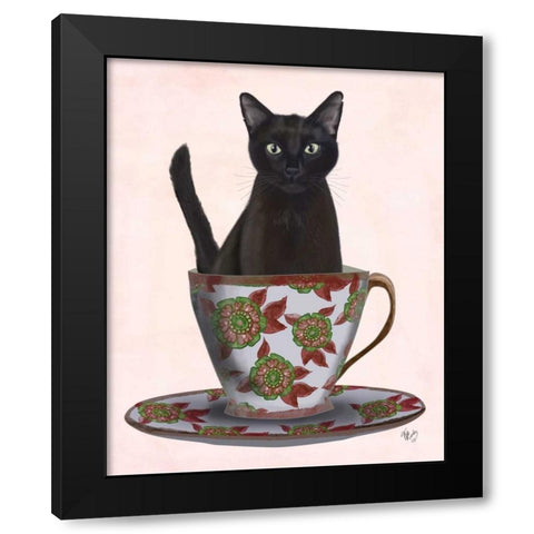 Black Cat in Teacup Black Modern Wood Framed Art Print with Double Matting by Fab Funky