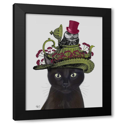 Black Cat with Teapot and Owl Black Modern Wood Framed Art Print by Fab Funky